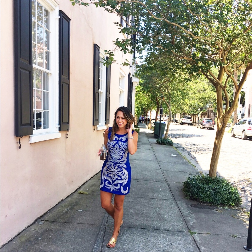 Blue and white embroidered dress